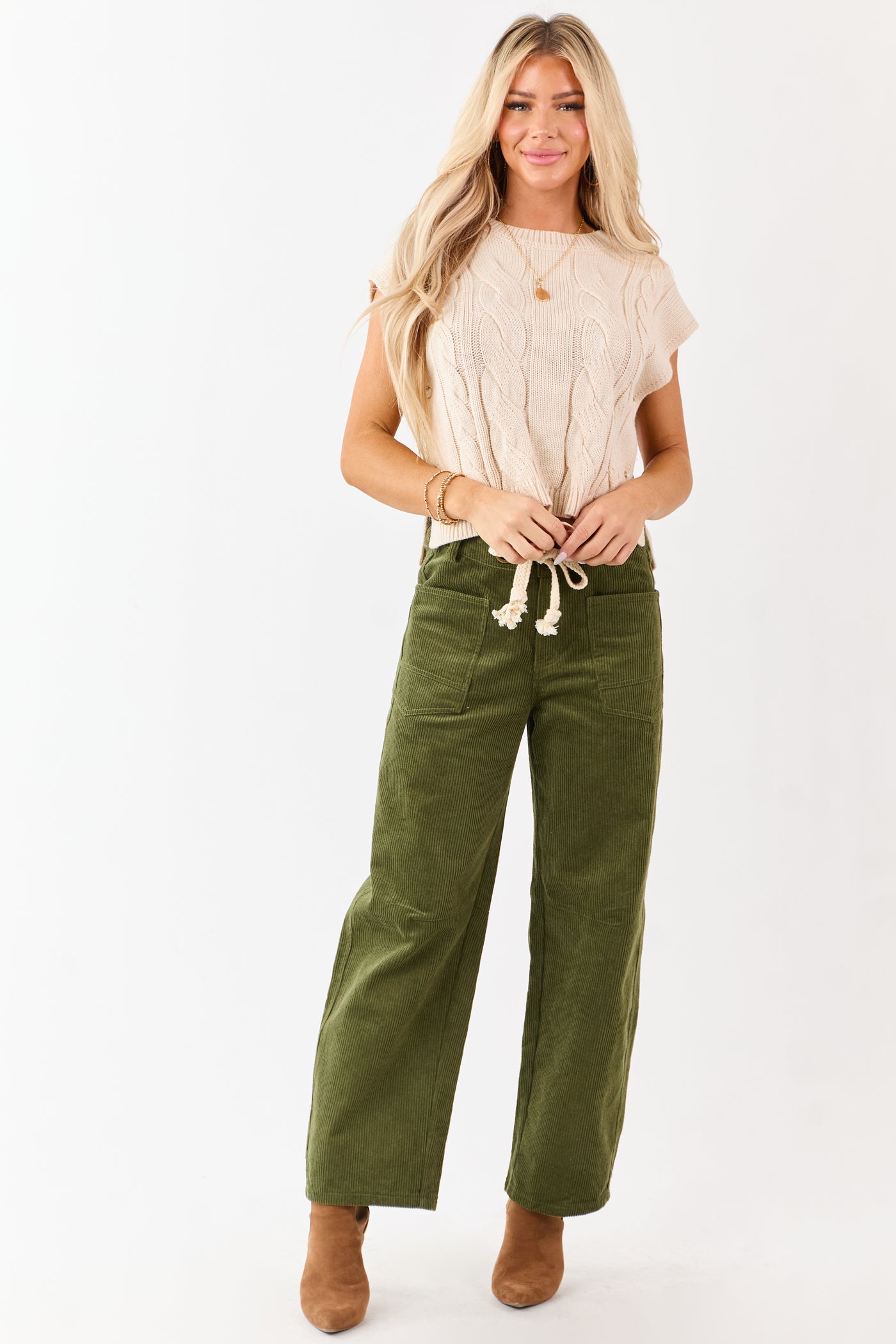 Deep Olive Corduroy Relaxed Wide Leg Waist Tie Pants