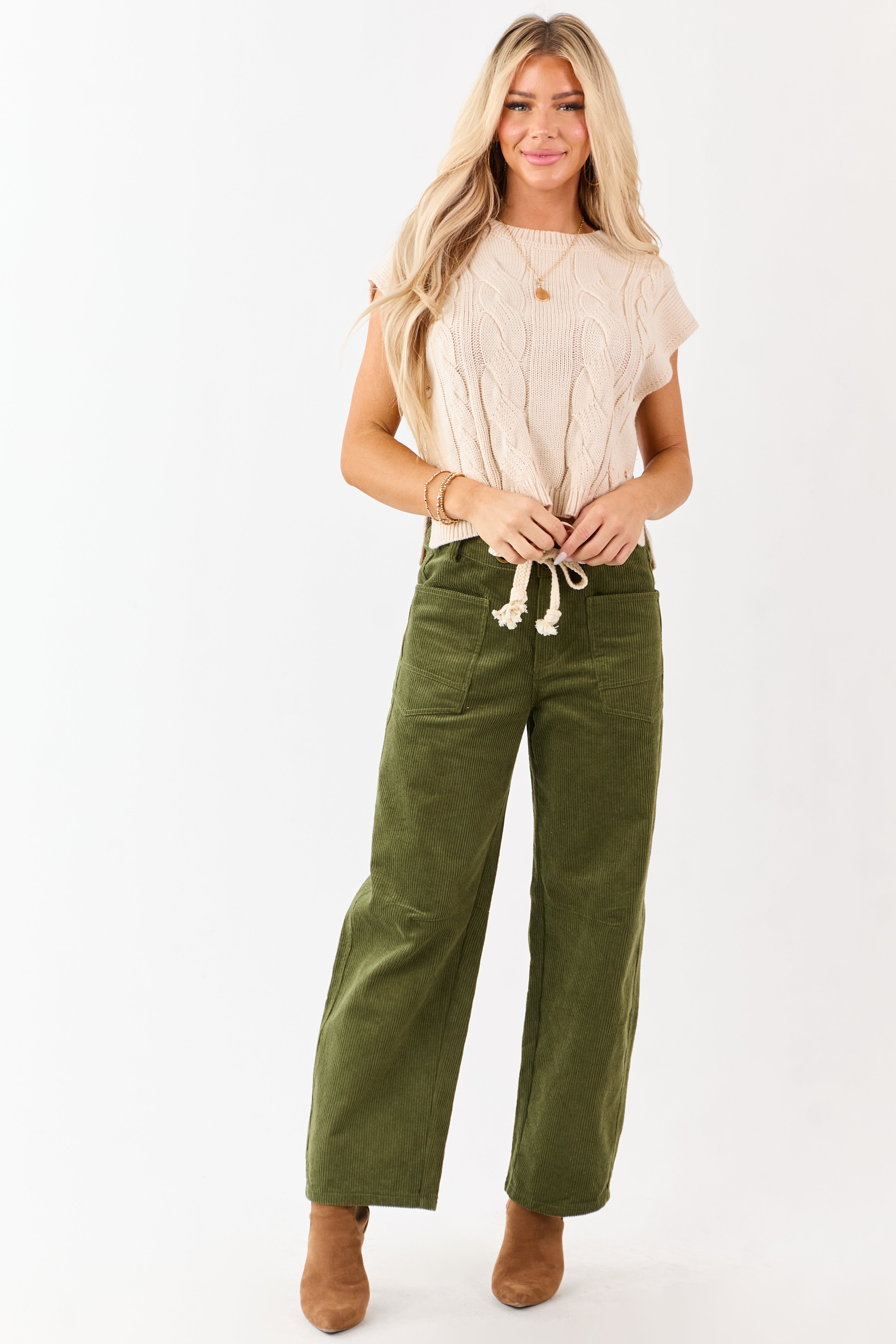 Deep Olive Corduroy Relaxed Wide Leg Waist Tie Pants