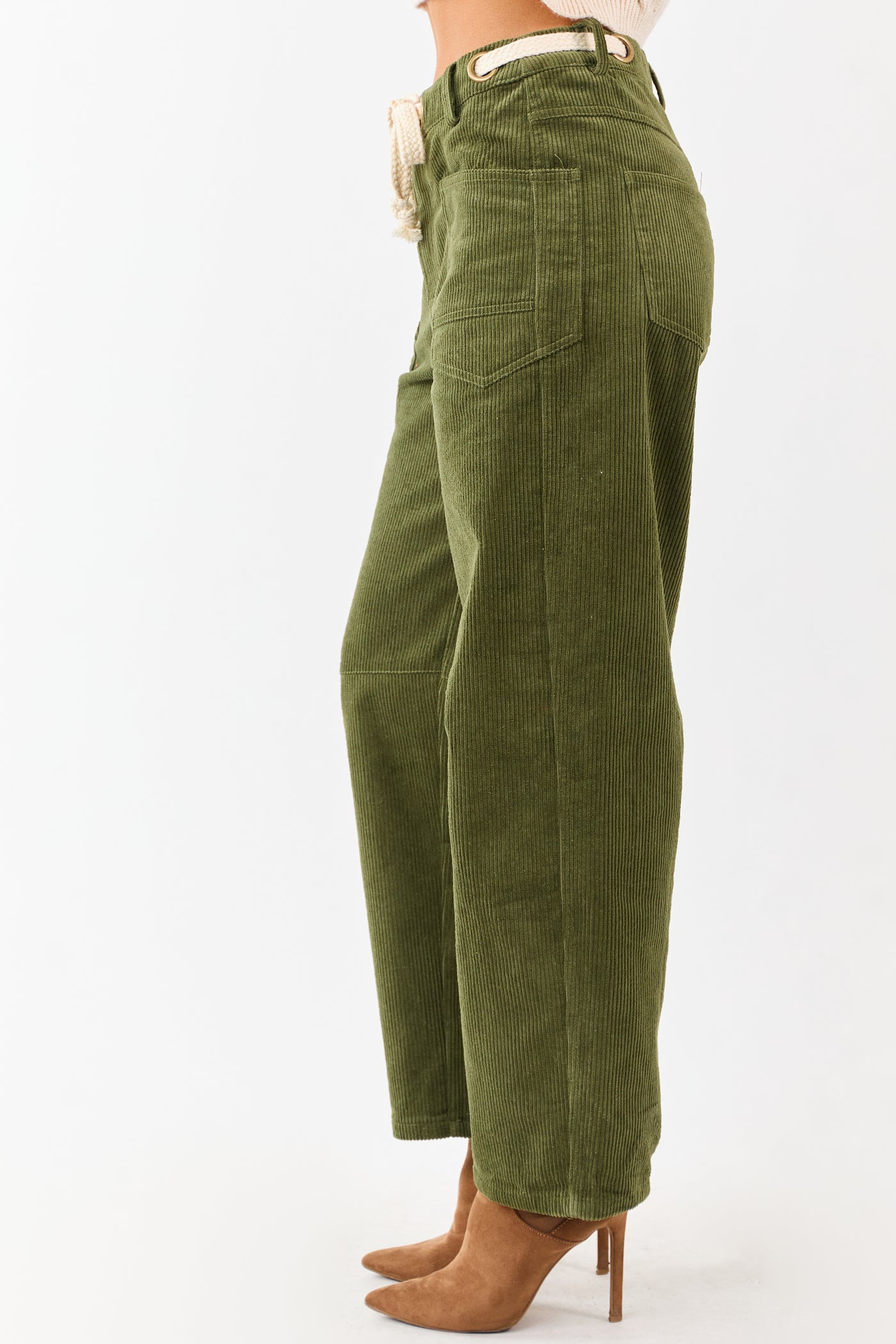 Deep Olive Corduroy Relaxed Wide Leg Waist Tie Pants