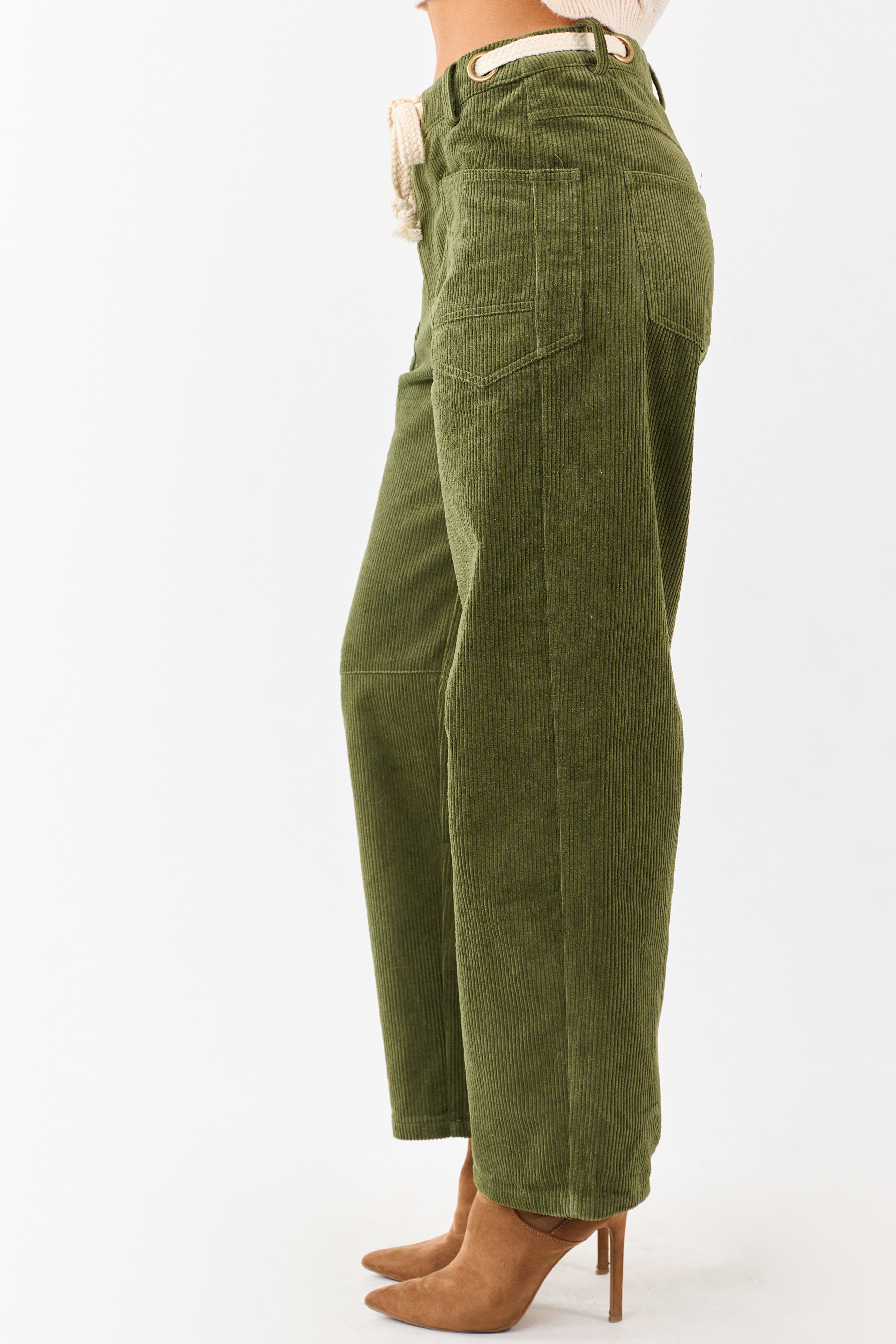 Deep Olive Corduroy Relaxed Wide Leg Waist Tie Pants