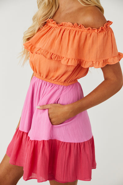 Deep Papaya Colorblock Off the Shoulder Dress