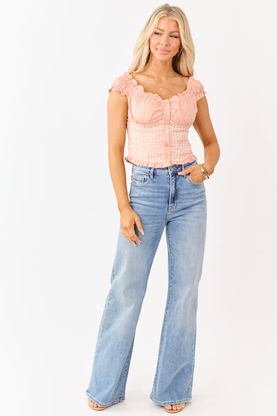 Deep Peach Cotton Floral Embroidered Button Up Top