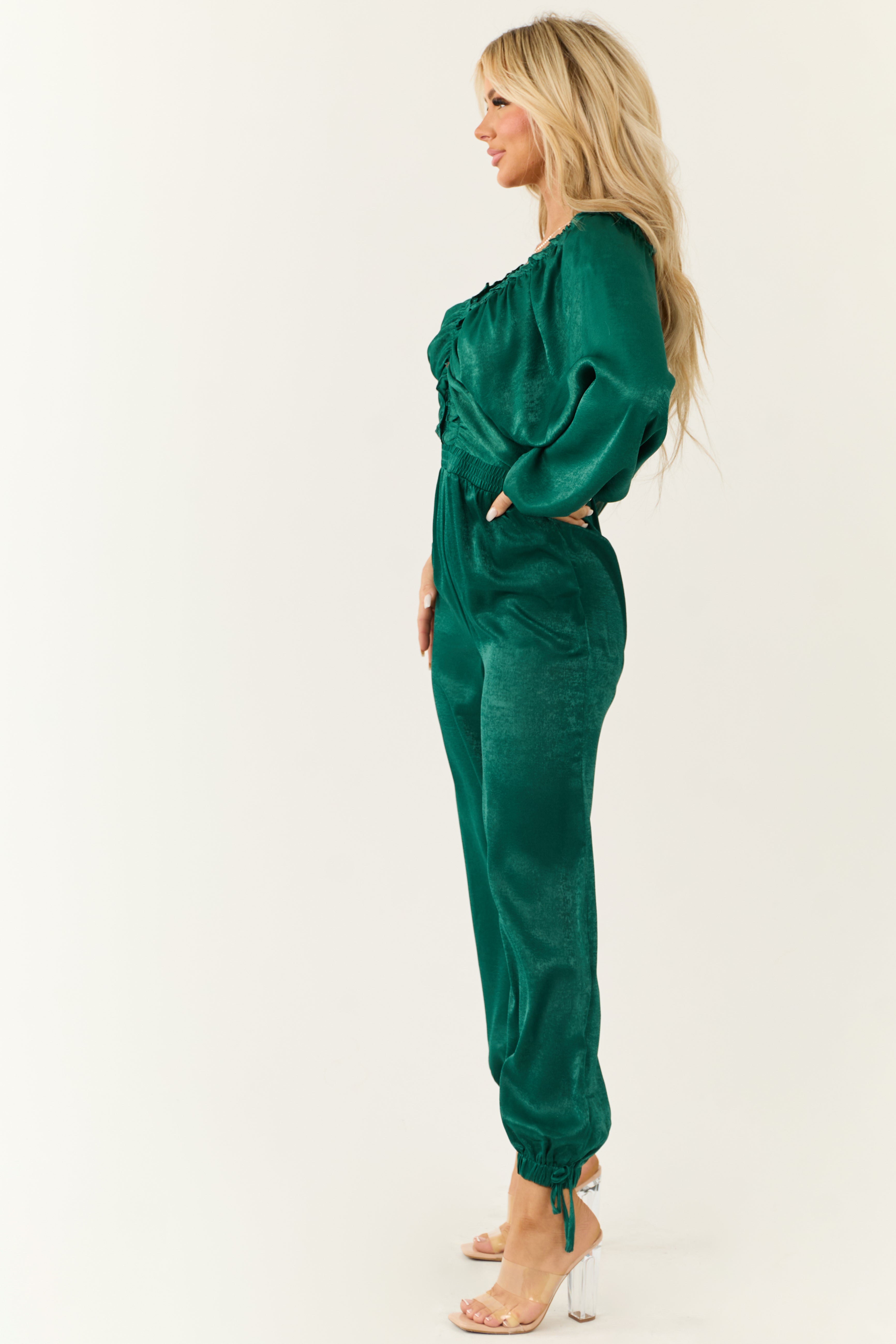 Emerald Textured Satin Deep V Neck Jumpsuit | Lime Lush Boutique