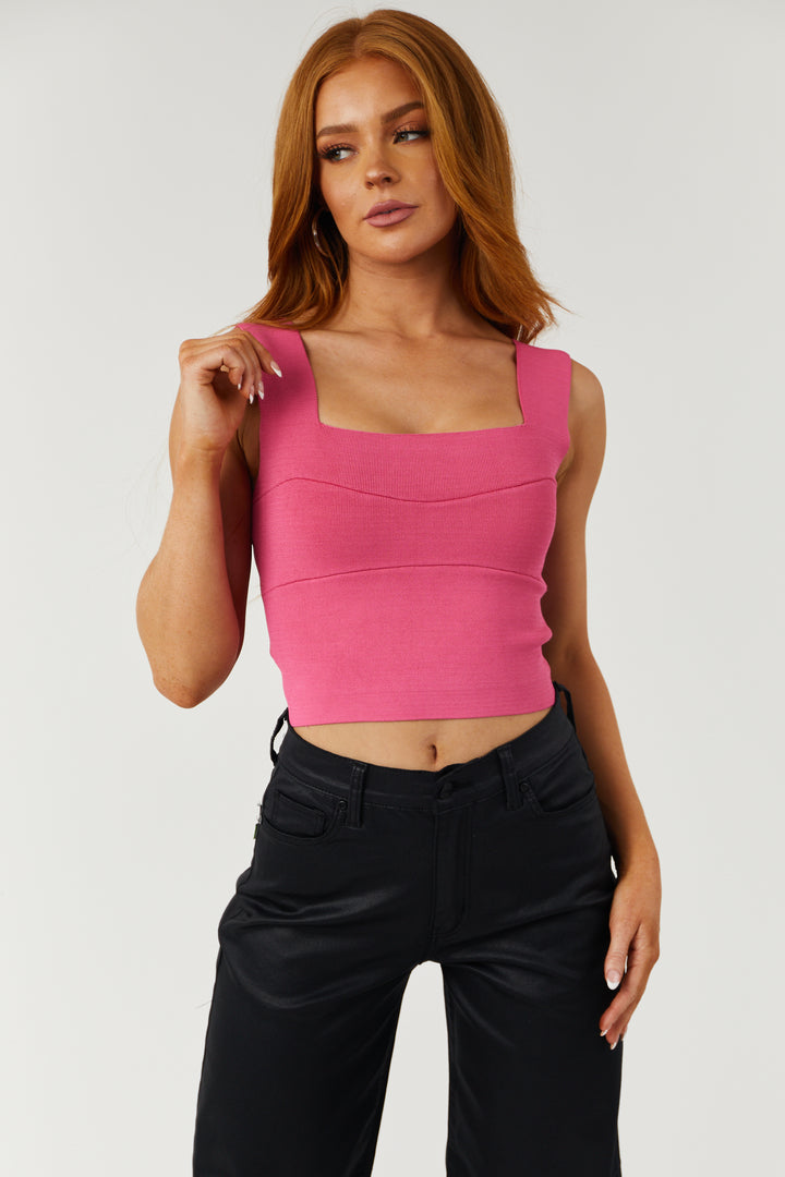 Deep Pink Square Neck Thick Knit Tank Top
