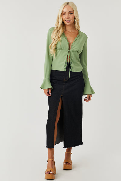 Deep Pistachio Long Sleeve Lace Trim Front Tie Top