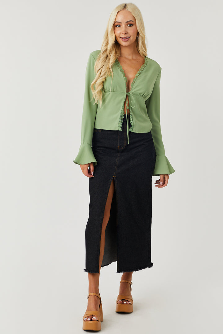 Deep Pistachio Long Sleeve Lace Trim Front Tie Top