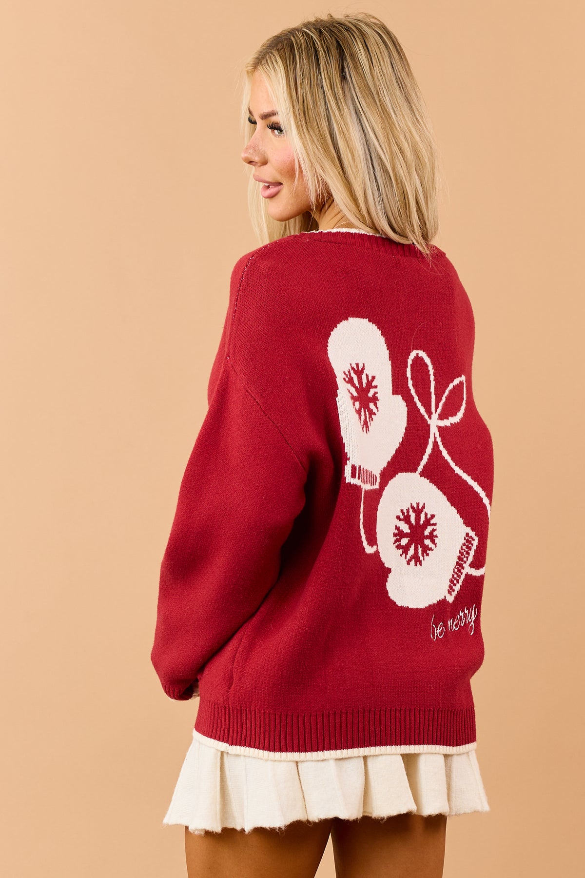 Deep Red Mitten Graphic Contrast Trim Cardigan