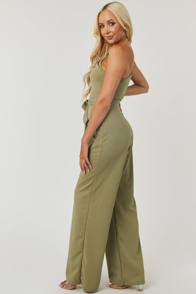 Deep Sage One Shoulder Waist Tie Knit Jumpsuit