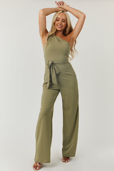 Deep Sage One Shoulder Waist Tie Knit Jumpsuit