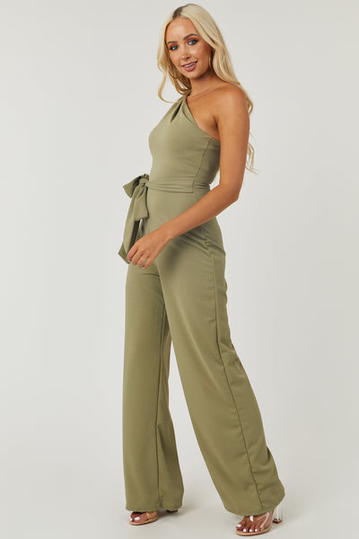 Deep Sage One Shoulder Waist Tie Knit Jumpsuit