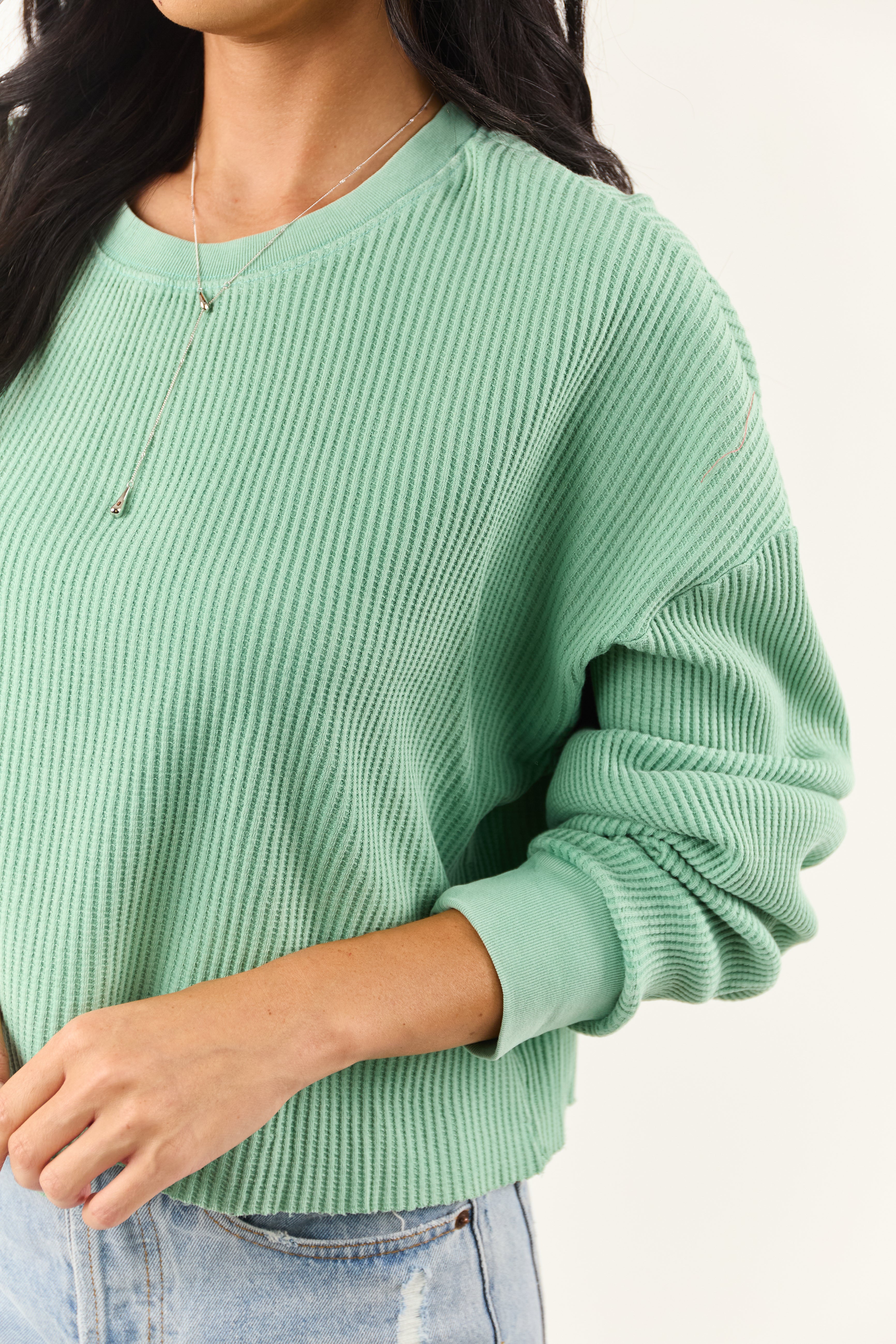 【C.E/CAVEMPTSTRIPE LOOSE WAFFLE MIX KNIT Deep Seafoam Waffle Knit Long Sleeve Cotton Top | Lime Lush