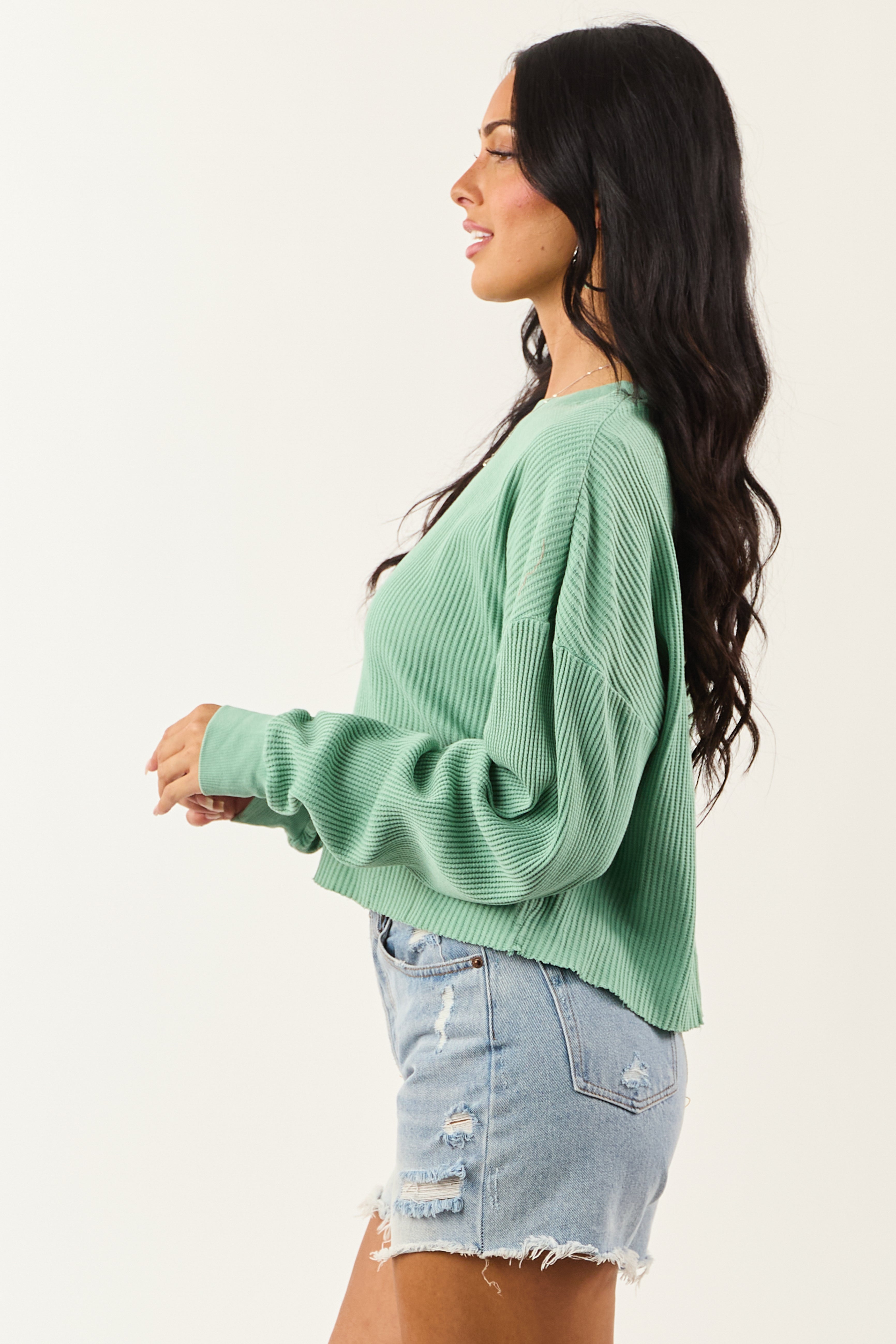 Deep Seafoam Waffle Knit Long Sleeve Cotton Top | Lime Lush