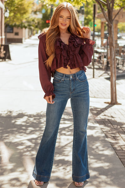 Deep Sienna Front Tie Ruffled Long Sleeve Top