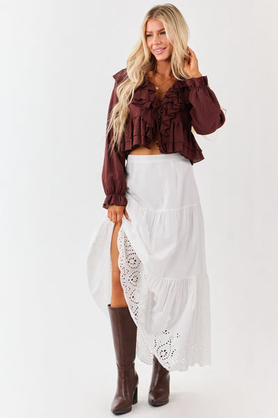 Deep Sienna Front Tie Ruffled Long Sleeve Top