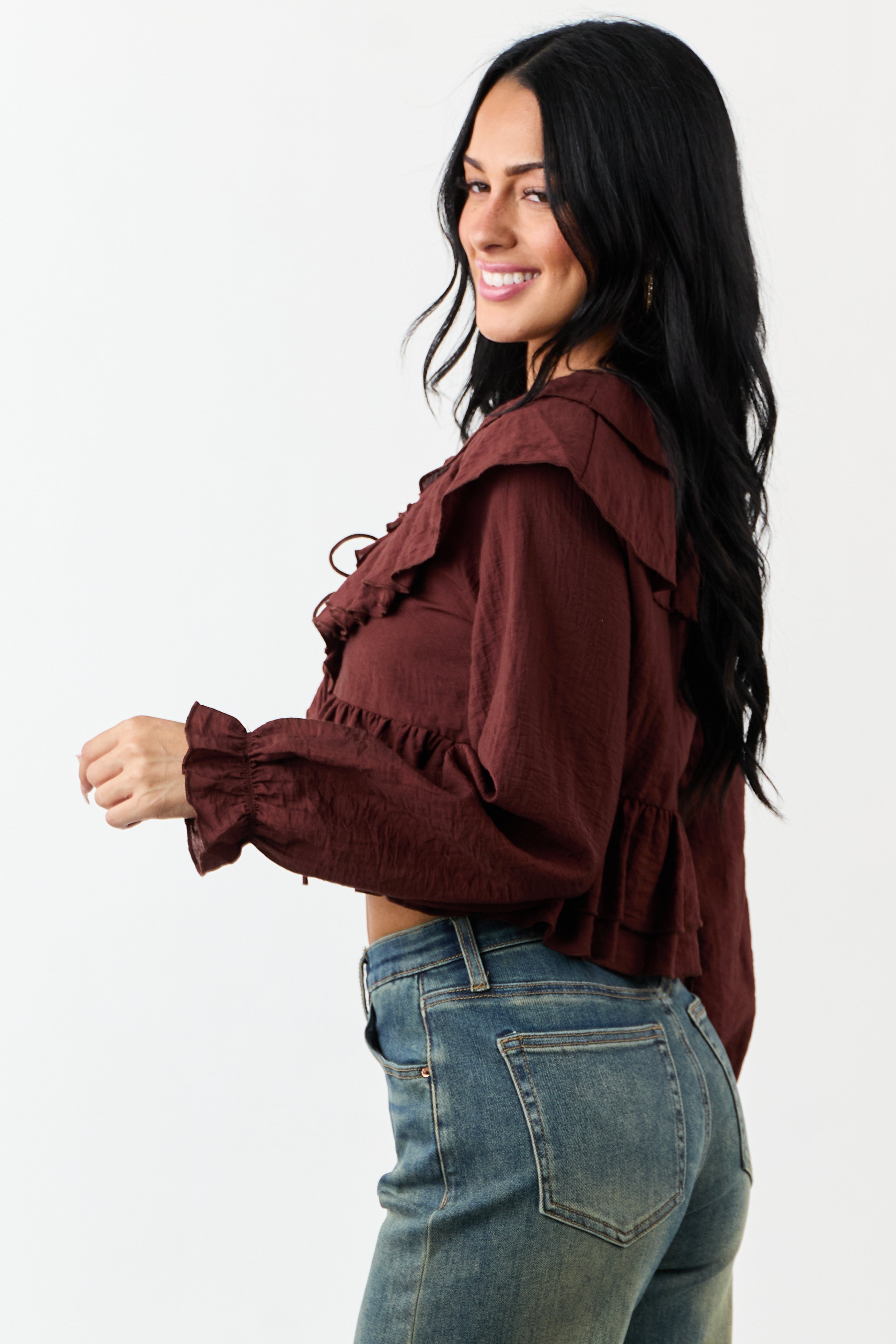 Deep Sienna Front Tie Ruffled Long Sleeve Top