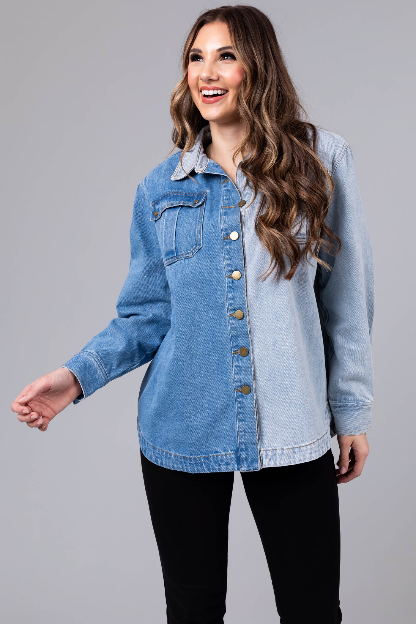 Denim Colorblock Button Down Shacket