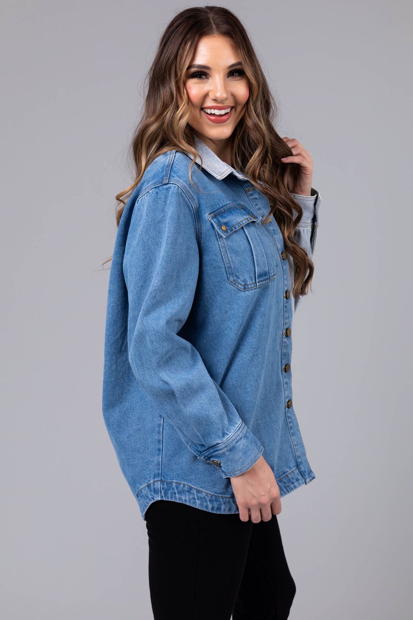 Denim Colorblock Button Down Shacket