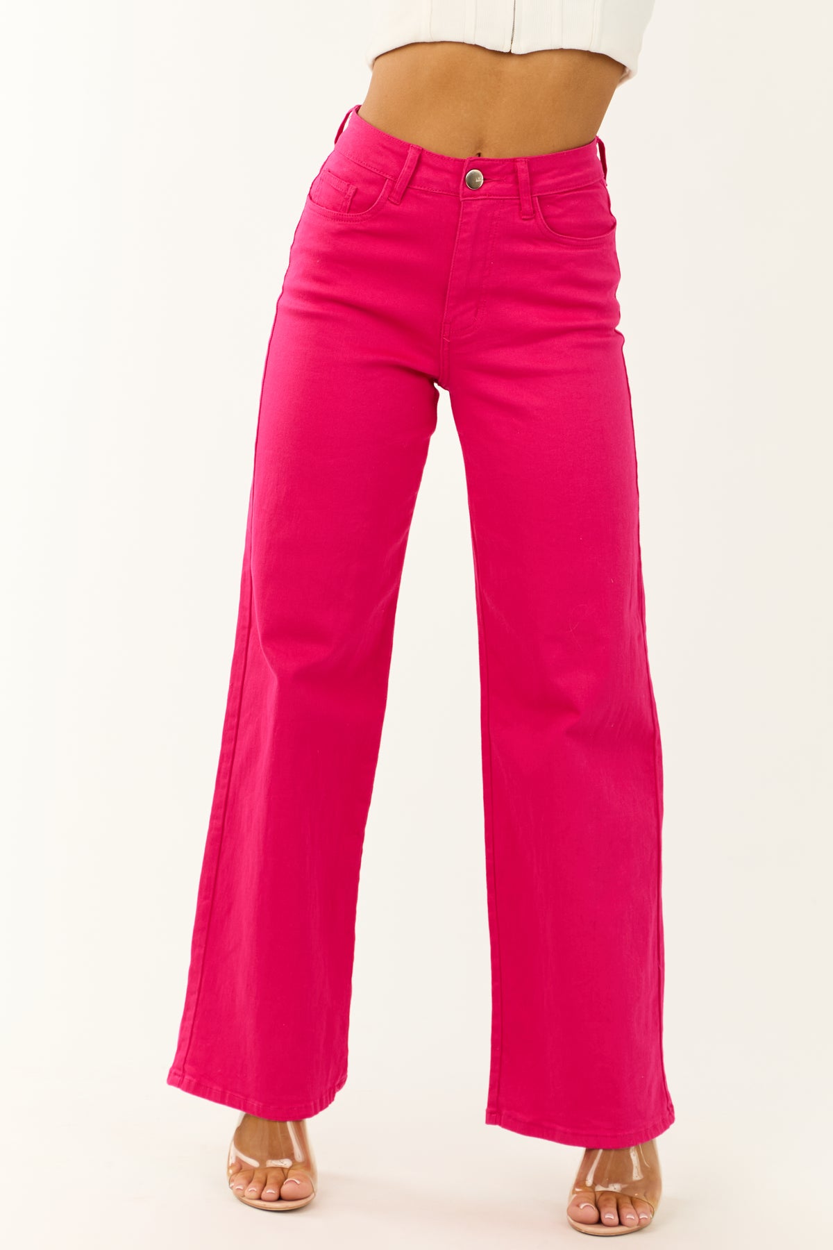 Pink Jean Pattern Denim Zone Hot Pink Super Stretchy Wide Leg Jeans | Lime Lush Boutique