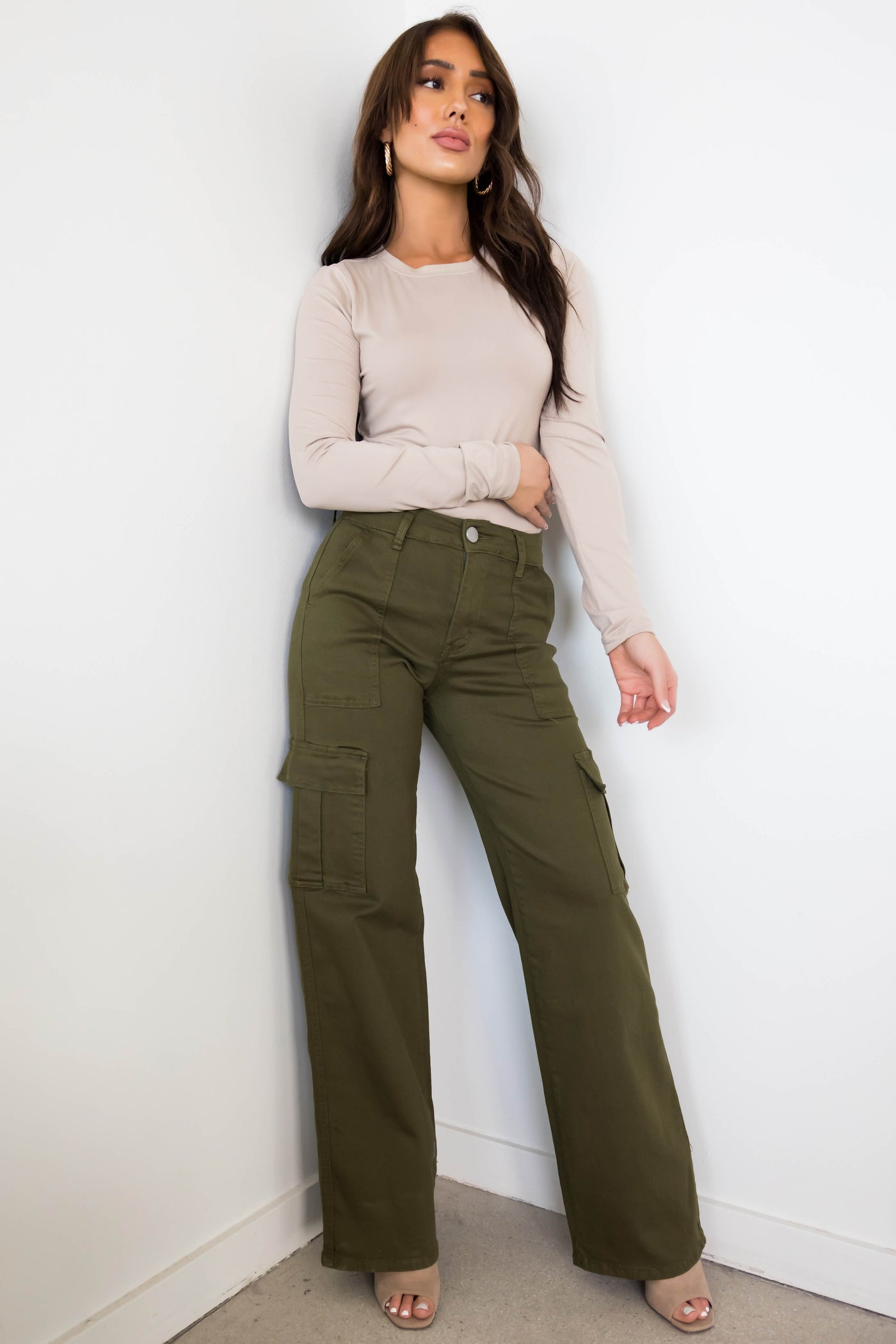 Denim Zone Olive Super Stretchy Cargo Jeans