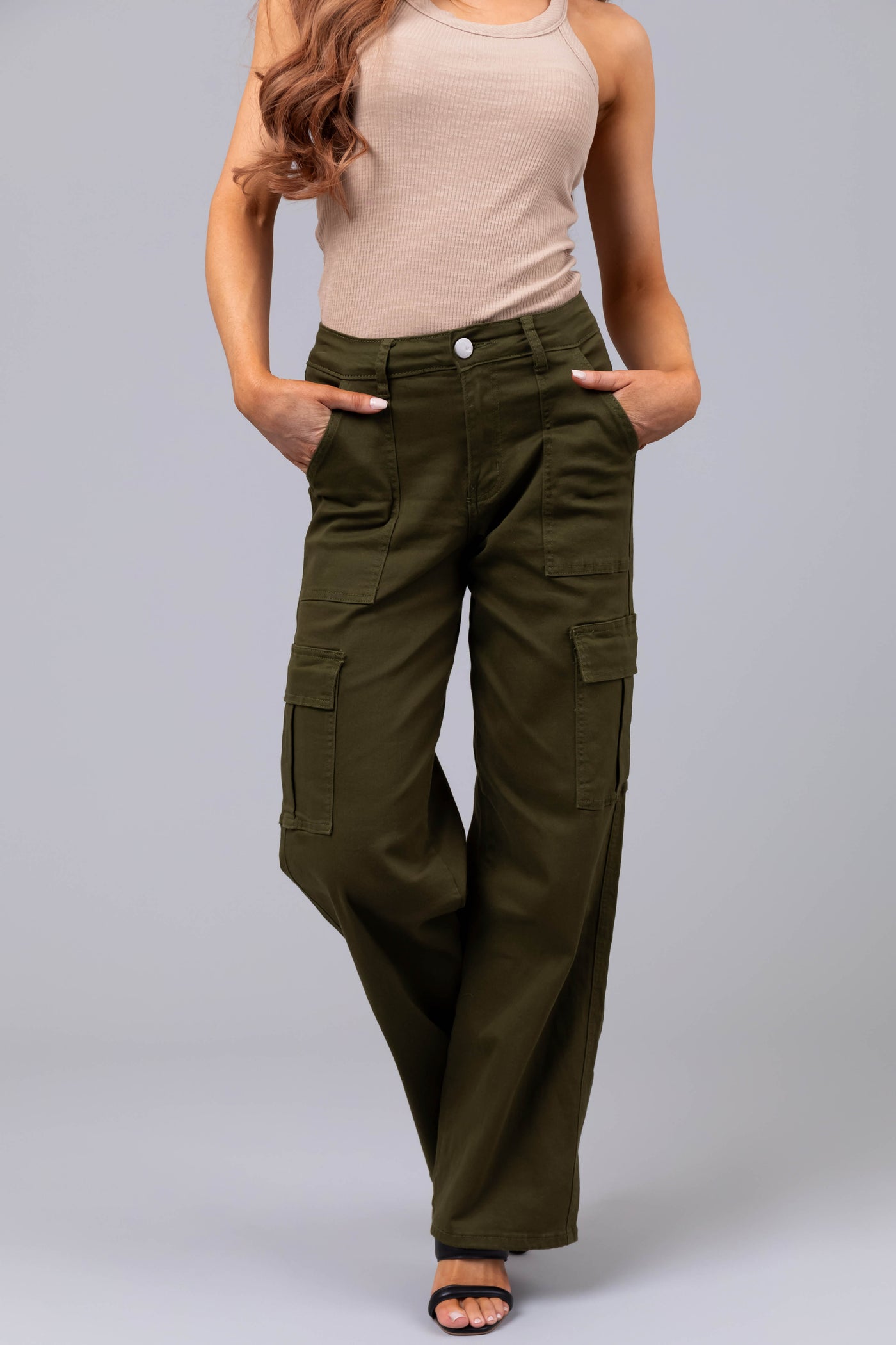 Denim Zone Olive Super Stretchy Cargo Jeans | Lime Lush