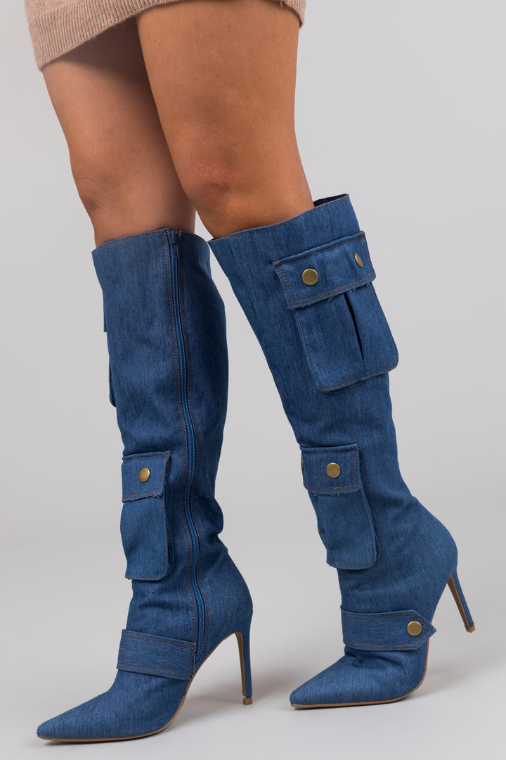 Denim Knee High Boots with Pockets