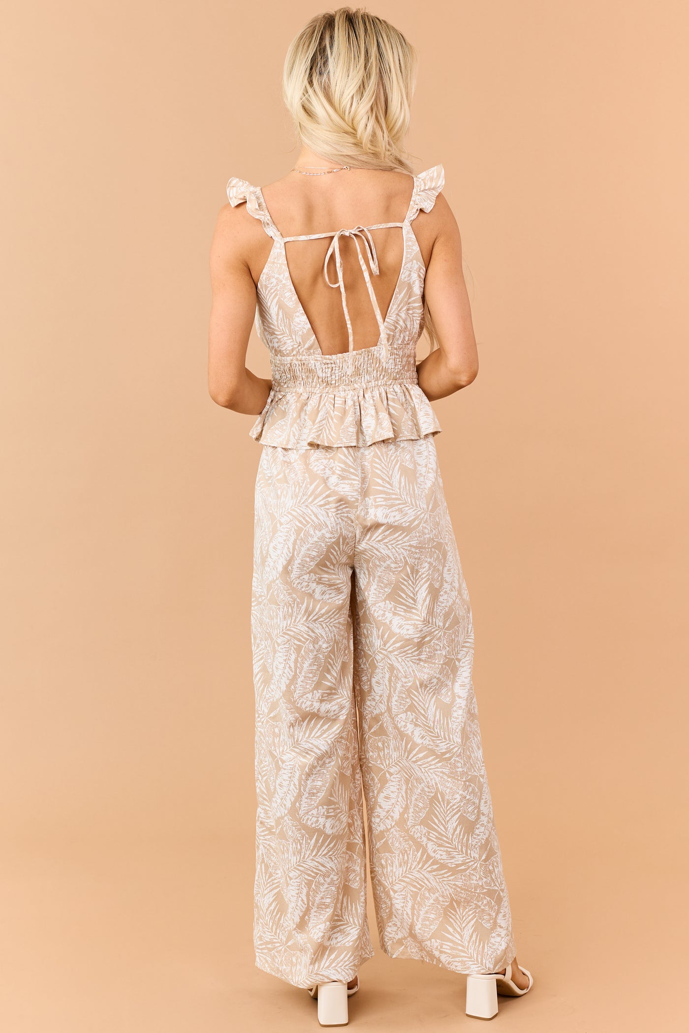 Desert Leaf Print Smocked Peplum Waist Jumpsuit