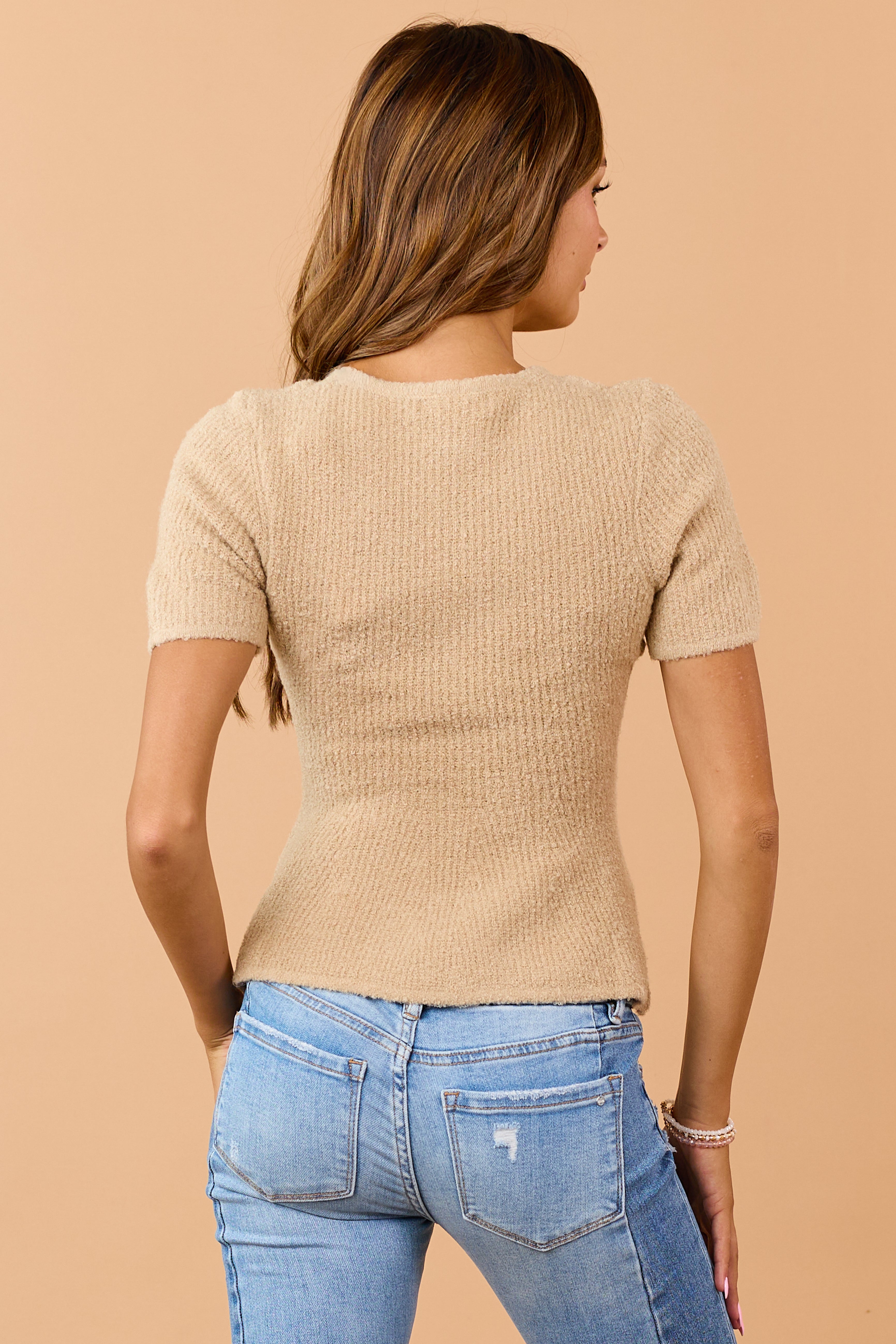 Desert Ribbed Wool Blend Peplum Short Sleeve Top