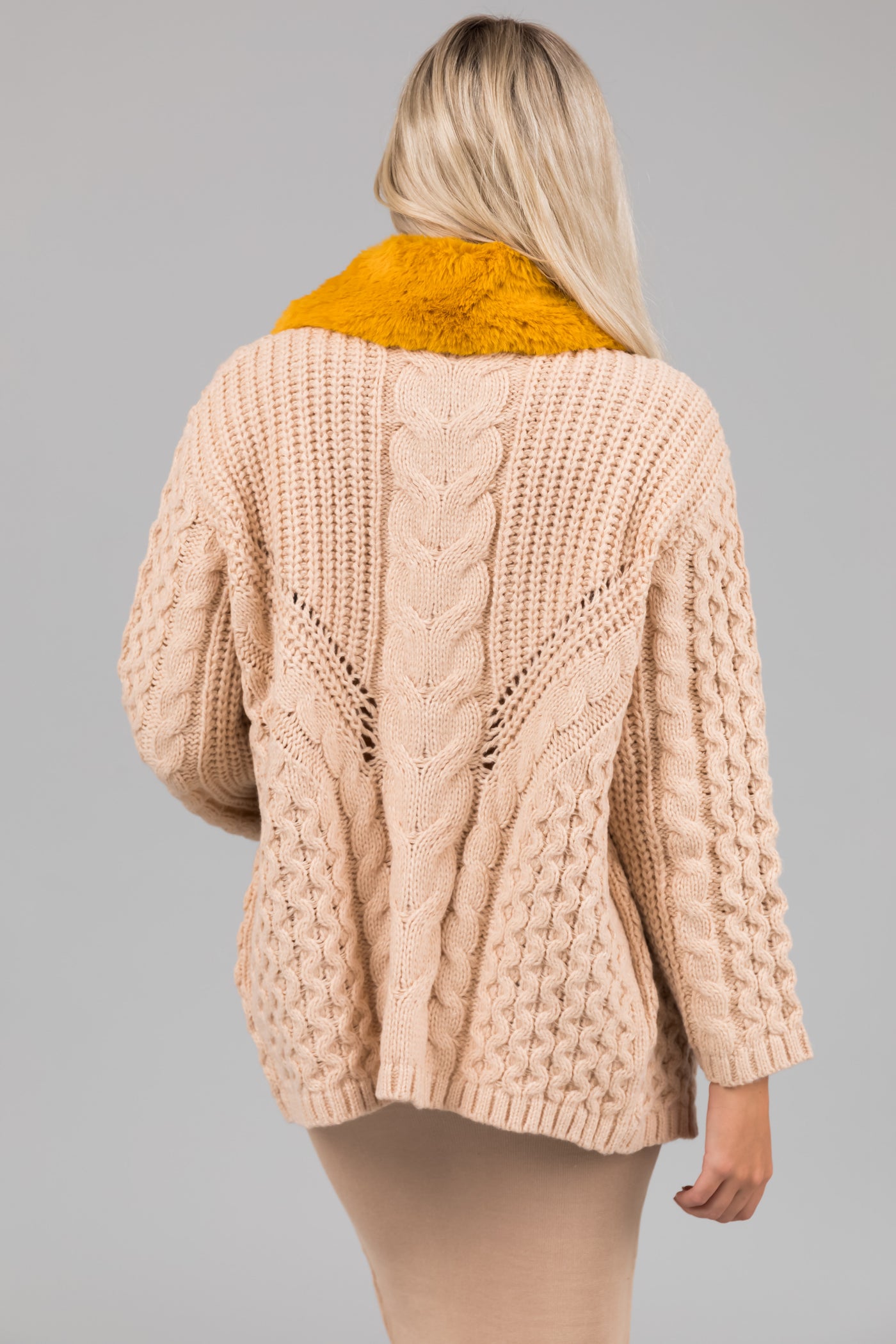 Desert Sand Faux Fur Collared Cable Knit Cardigan