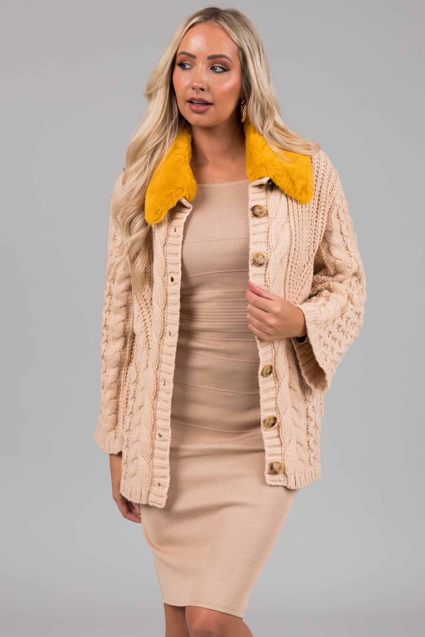 Desert Sand Faux Fur Collared Cable Knit Cardigan