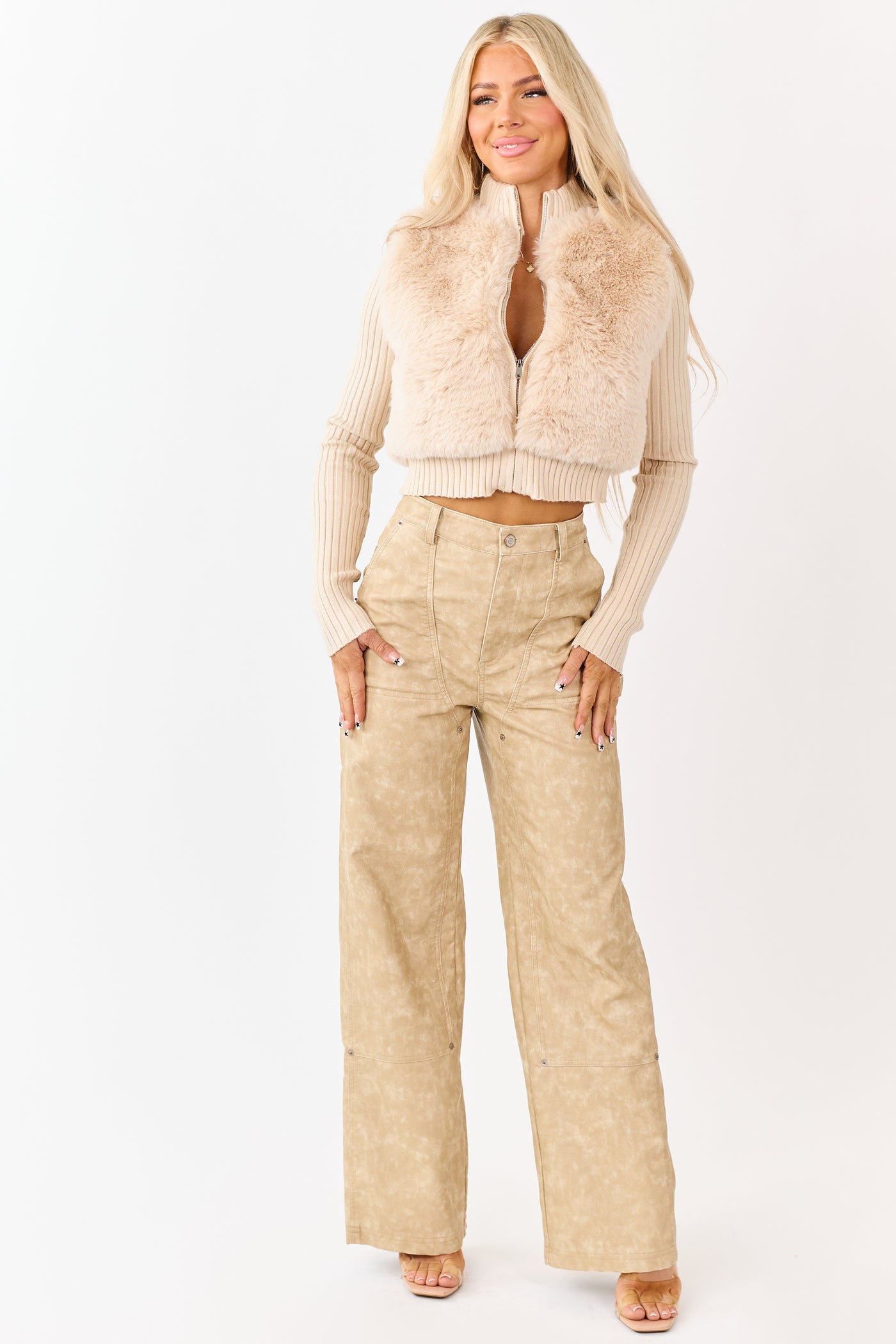 Desert Sand Faux Fur Zip Up Sweater Jacket