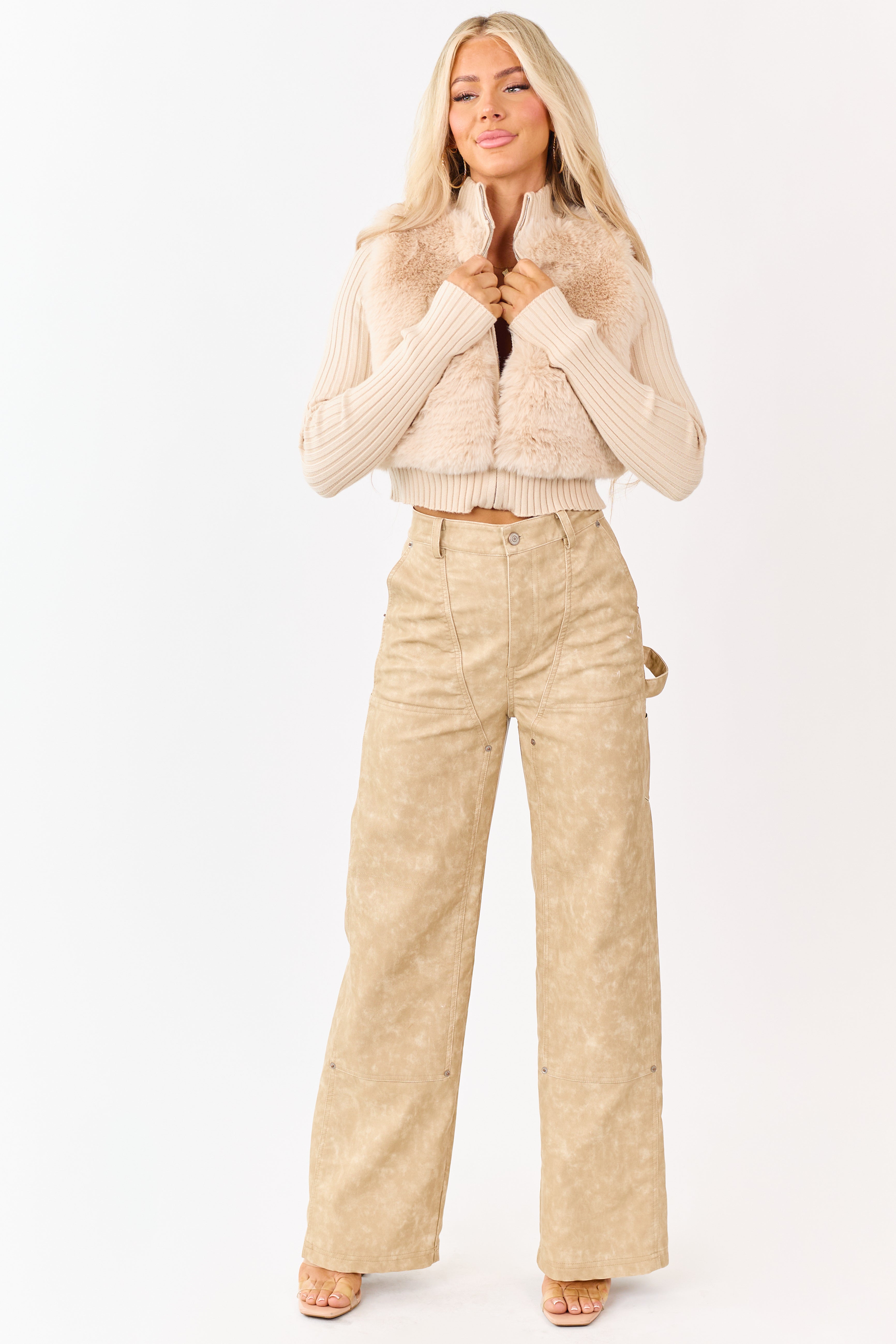 Desert Sand Faux Fur Zip Up Sweater Jacket | Lime Lush Boutique