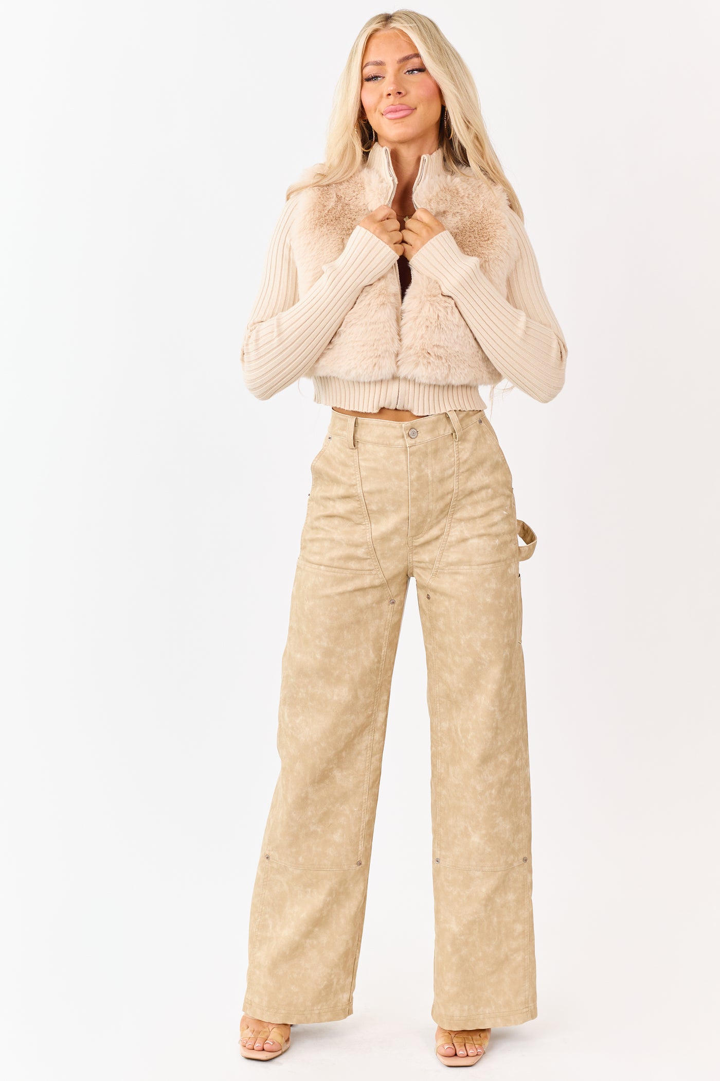 Desert Sand Faux Fur Zip Up Sweater Jacket