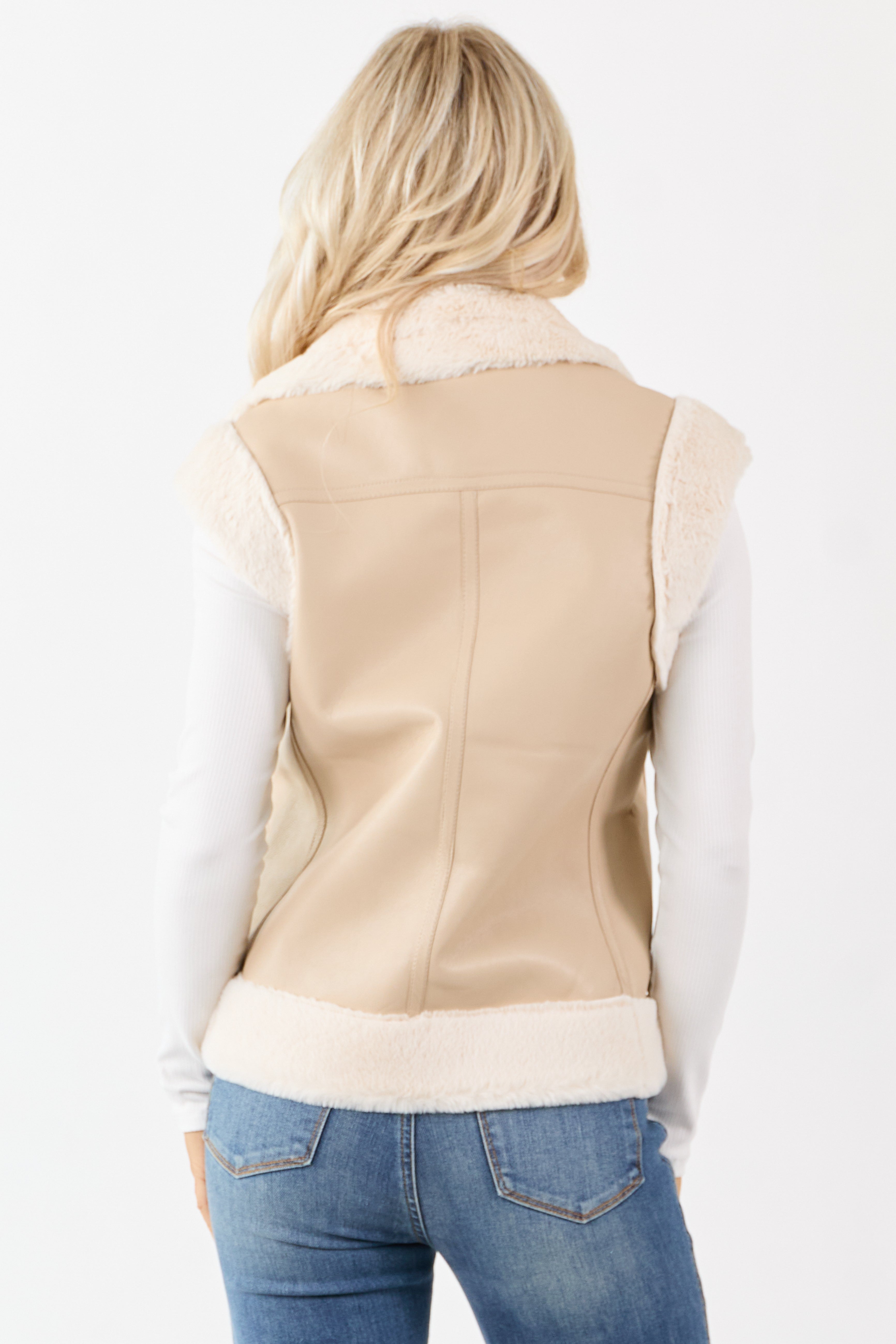 Desert Sand Faux Leather Side Zip Up Collared Vest