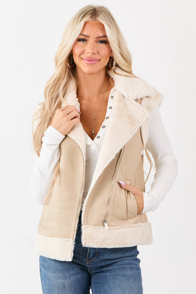 Desert Sand Faux Leather Side Zip Up Collared Vest