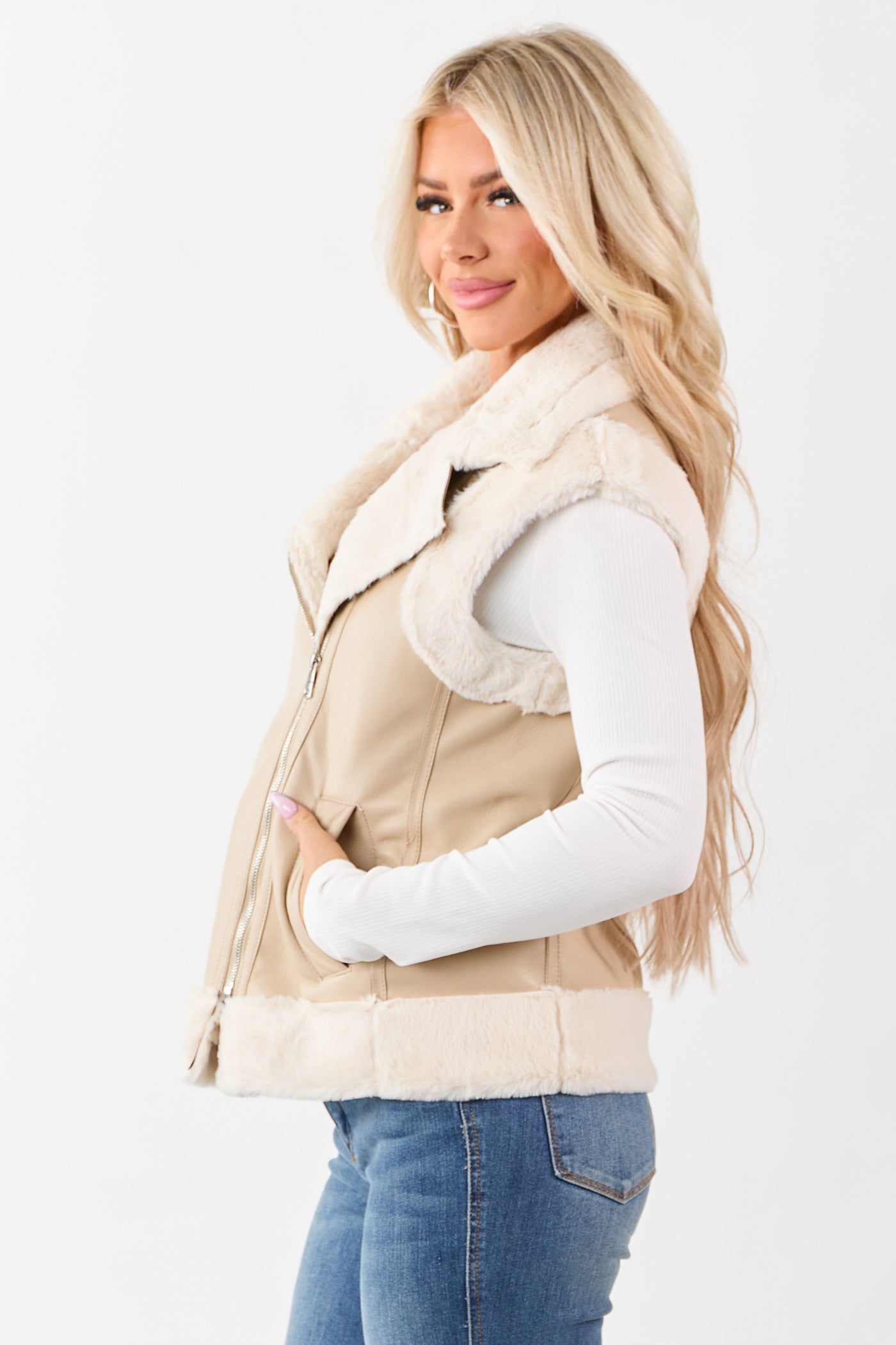 Desert Sand Faux Leather Side Zip Up Collared Vest