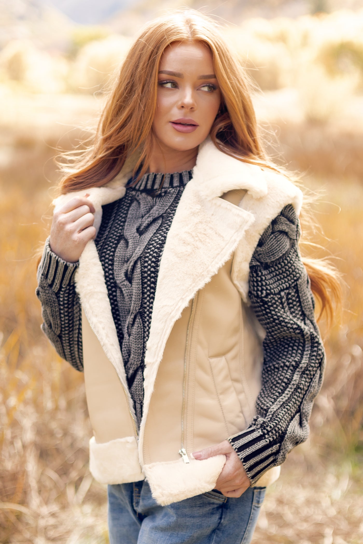 Desert Sand Faux Leather Side Zip Up Collared Vest