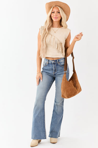 Desert Sand Faux Suede Fringe Cap Sleeve Top