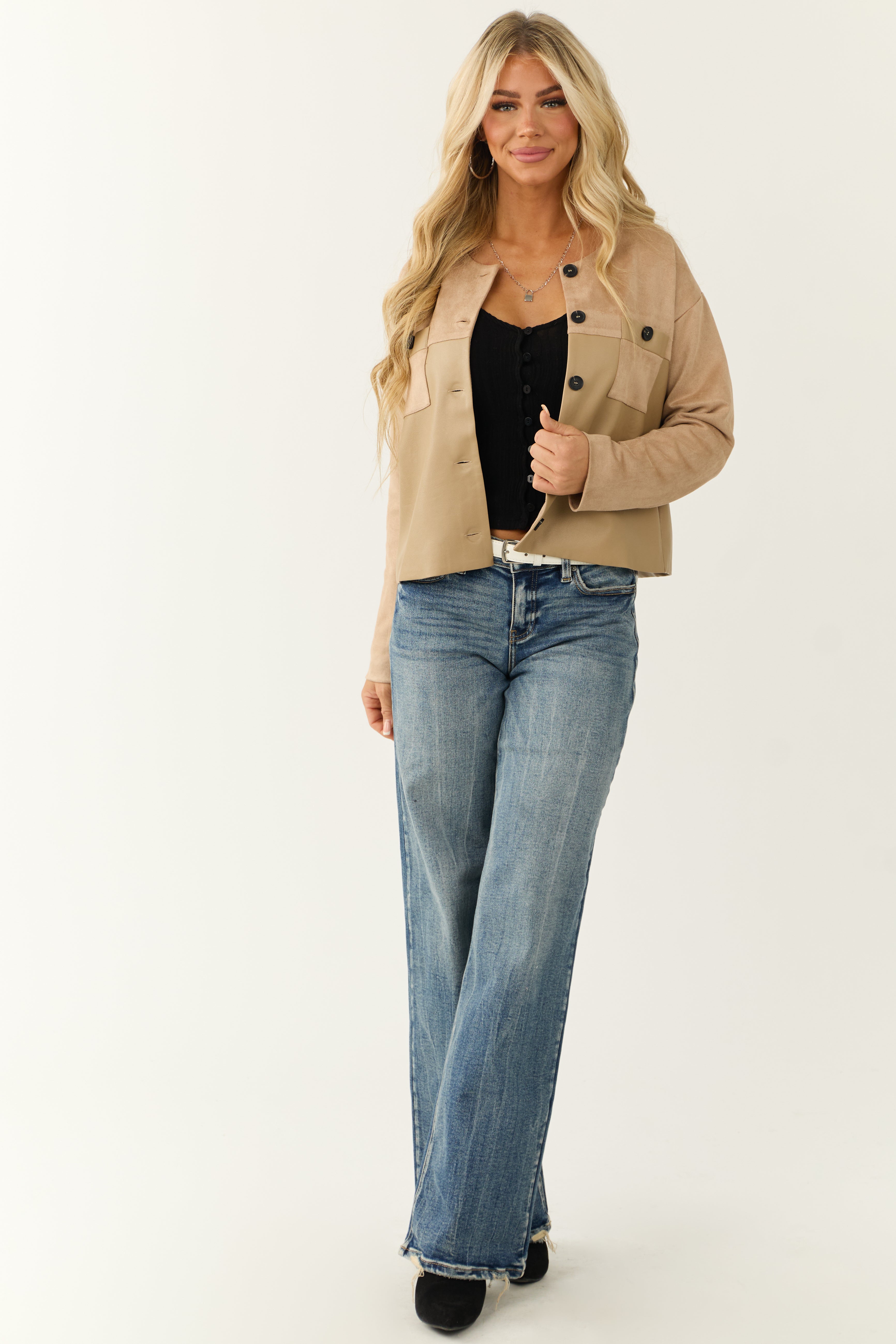 Desert Sand Faux Suede and Leather Jacket | Lime Lush Boutique