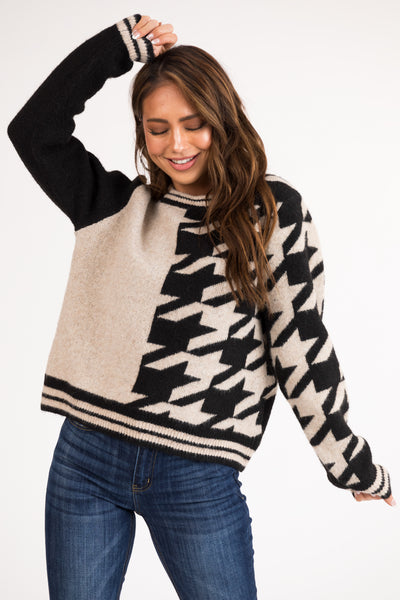 Desert Sand Houndstooth Colorblock Knit Sweater