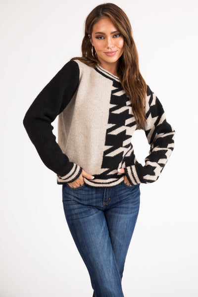Desert Sand Houndstooth Colorblock Knit Sweater