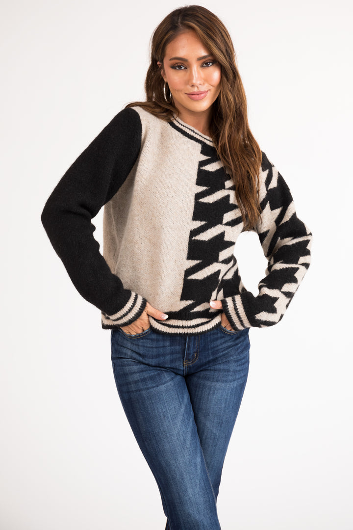 Desert Sand Houndstooth Colorblock Knit Sweater