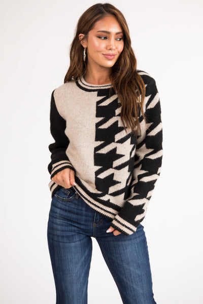 Desert Sand Houndstooth Colorblock Knit Sweater
