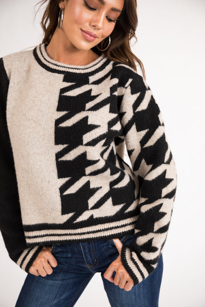 Desert Sand Houndstooth Colorblock Knit Sweater
