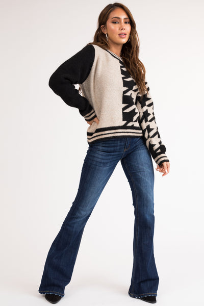 Desert Sand Houndstooth Colorblock Knit Sweater