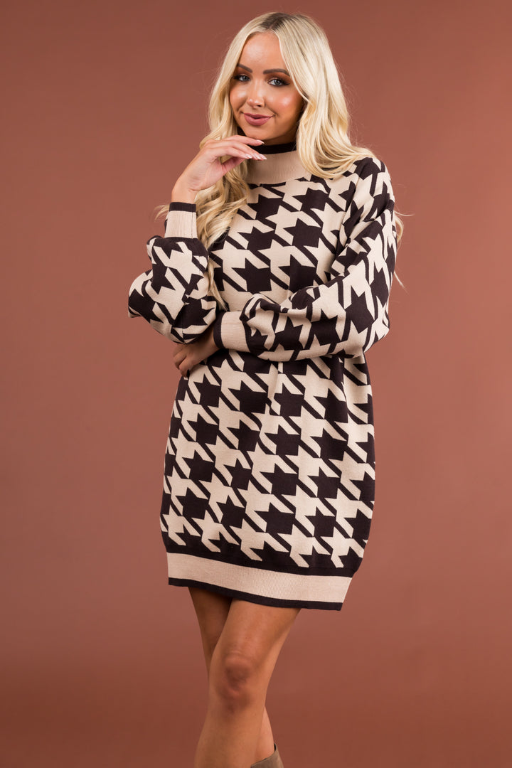 Desert Sand Houndstooth Print Mock Neck Sweater Dress