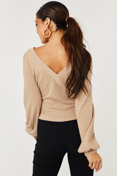 Desert Sand Knit Jacquard V Neck Long Sleeve Top