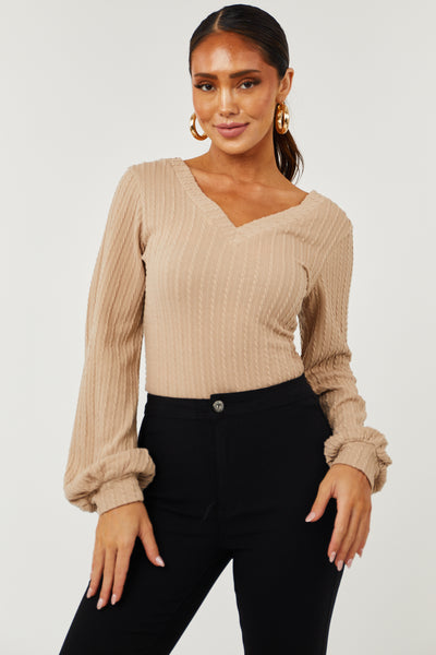 Desert Sand Knit Jacquard V Neck Long Sleeve Top