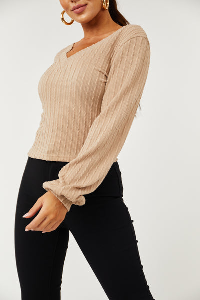 Desert Sand Knit Jacquard V Neck Long Sleeve Top