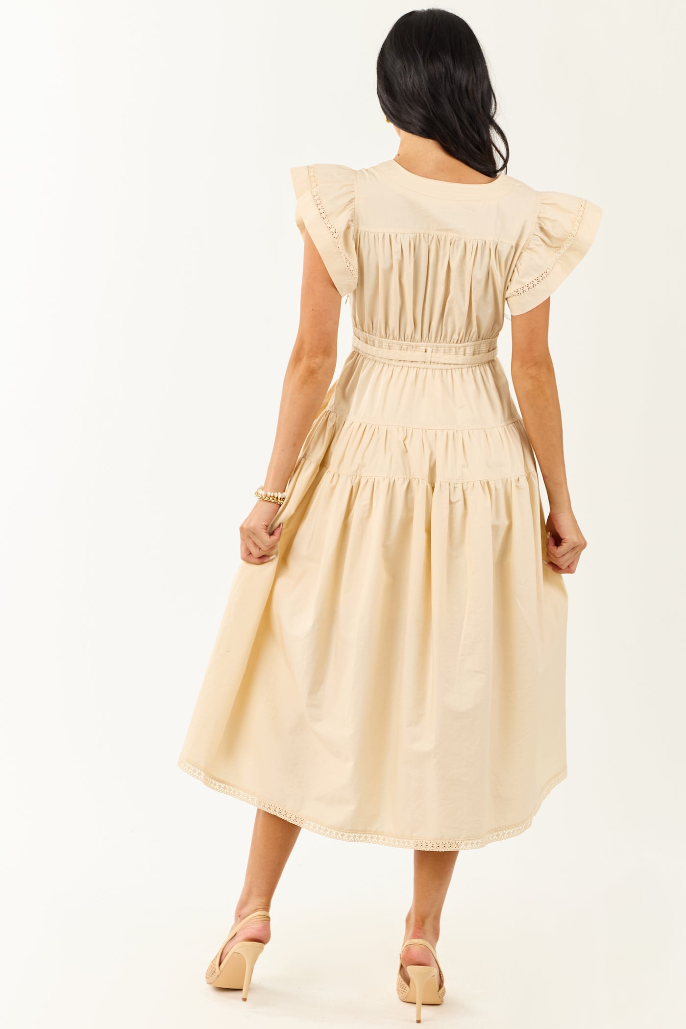 Desert Sand Lace Trim Ruffle Sleeve Cotton Midi Dress