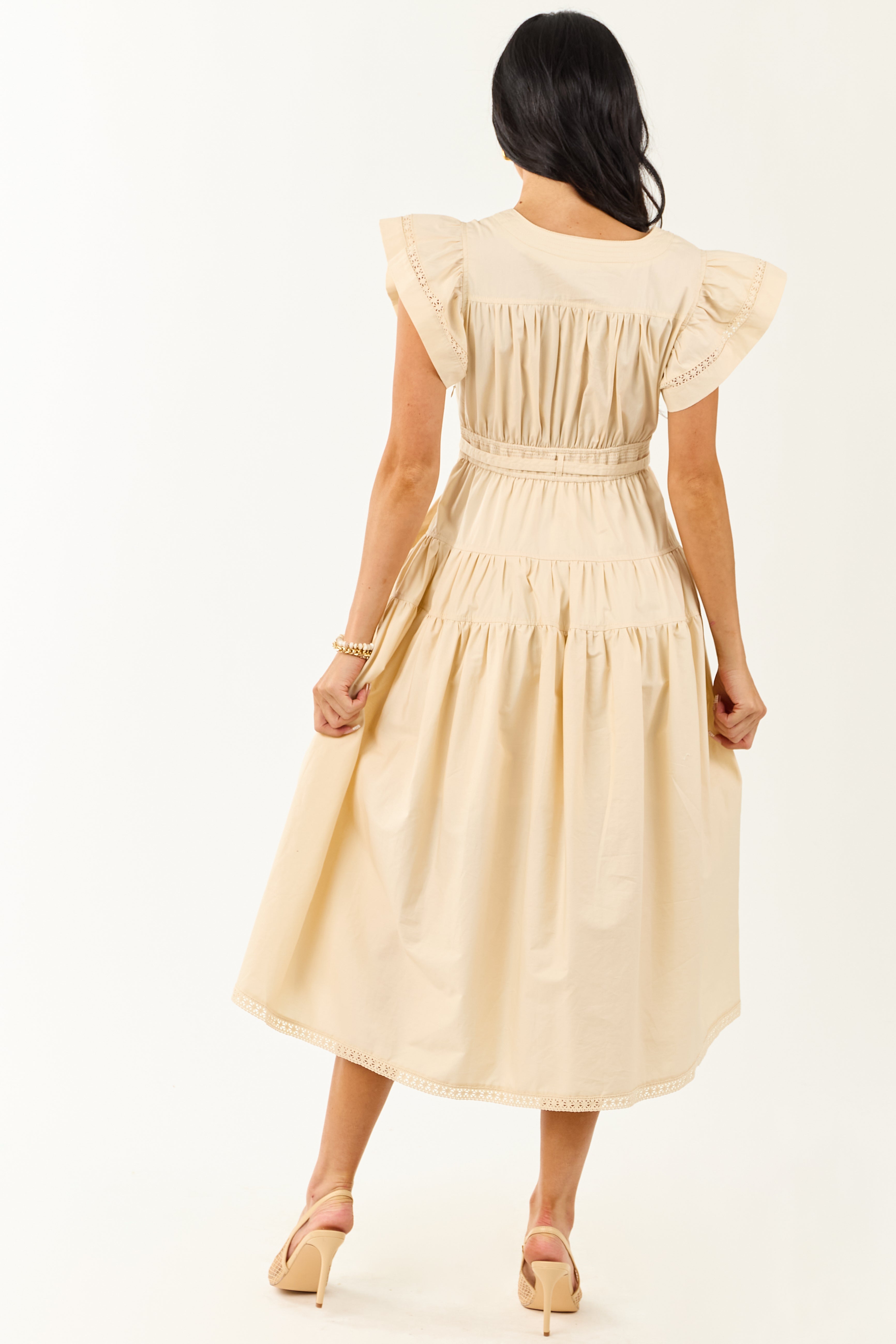 Desert Sand Lace Trim Ruffle Sleeve Cotton Midi Dress